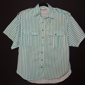 Diane Von Furstenberg Shirt Womens S‎ Teal White Stripe Cotton Utility Resort